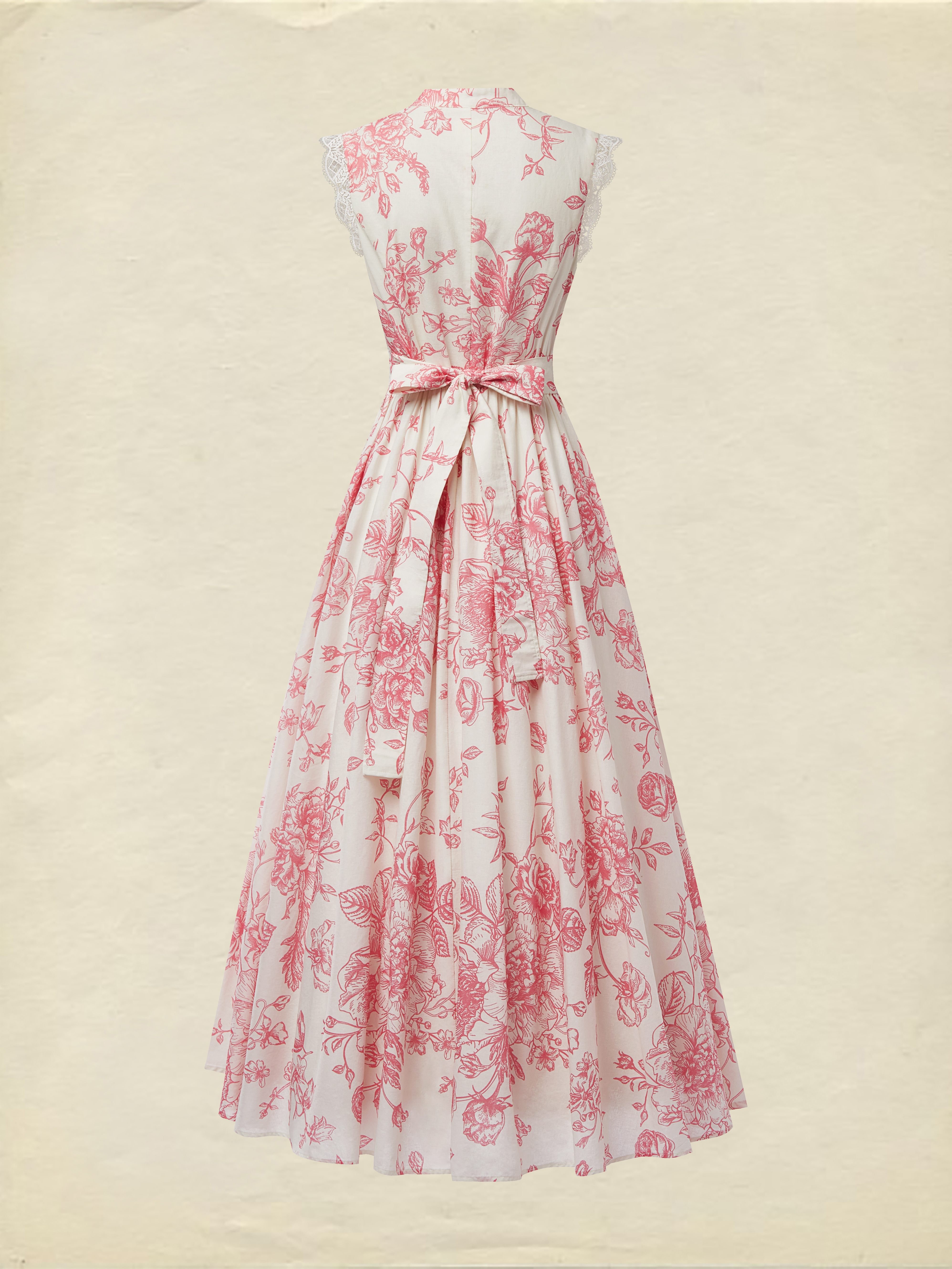 (SIZE:XS-XXL) Maxi Linen Dress , Cap Sleeves, Stand Collar, Floral, Lace, Vintage, Blue - Blue