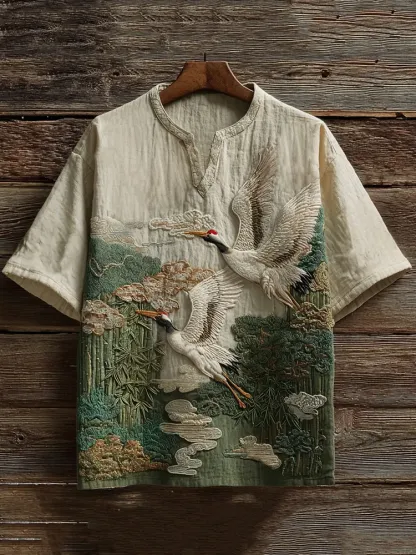 Men's Vintage Cranes And Bamboo Japanese Art Embroidery Casual Shirt - Green beige