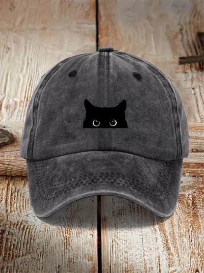 Japanese Art Black Cat Print Washed Hat - Dark gray