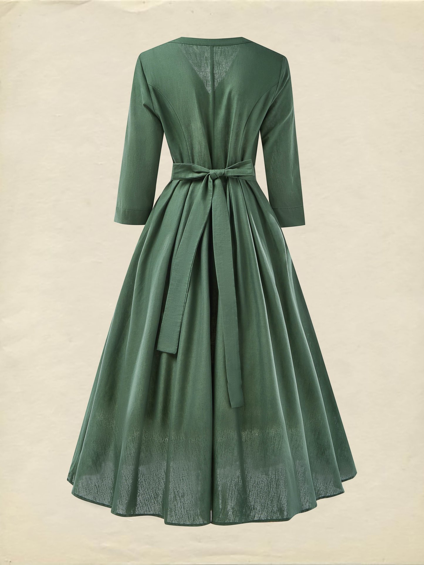 Midi Cotton Dress, Casual, Plain, Pocket Stitching, Half Open Collar, Half Sleeve, Vintage, Green  - Green