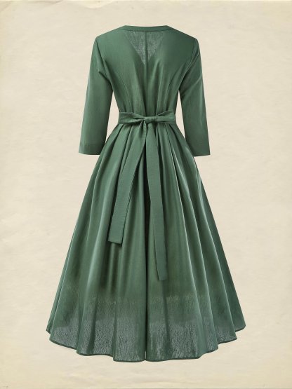 Midi Cotton Dress, Casual, Plain, Pocket Stitching, Half Open Collar, Half Sleeve, Vintage, Green  - Green