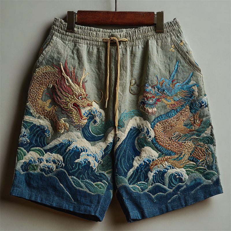 Japanese Dragons & Sea Waves Embroidered Linen Shorts - Blue