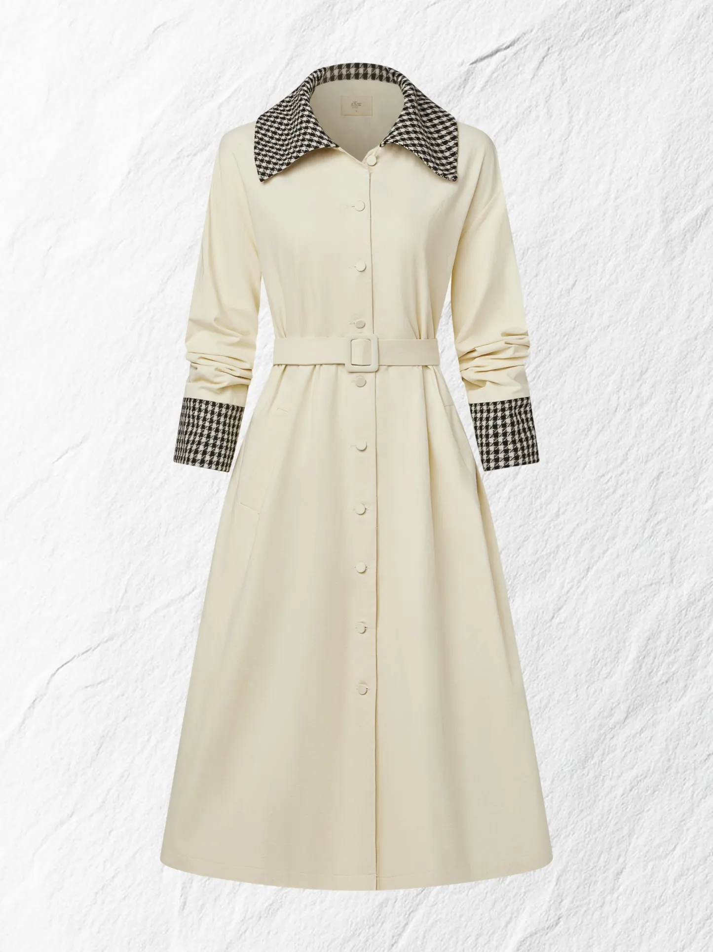 Cotton Trench Coat, Long Sleeves, Shawl Collar, Plain, Button Design, Vintage, Apricot - Apricot