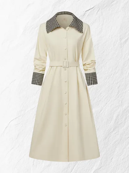 Cotton Trench Coat, Long Sleeves, Shawl Collar, Plain, Button Design, Vintage, Apricot - Apricot