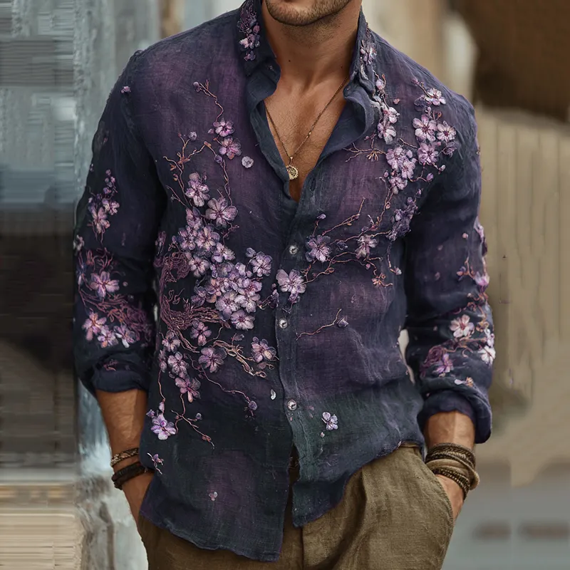Men's Vintage Japanese Sakura Embroidered Art Lapel Long Sleeve Linen Shirt - Grey