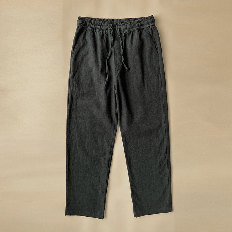 Men's Vintage Elastic Waist Drawstring Casual Cotton Linen Pants - Black