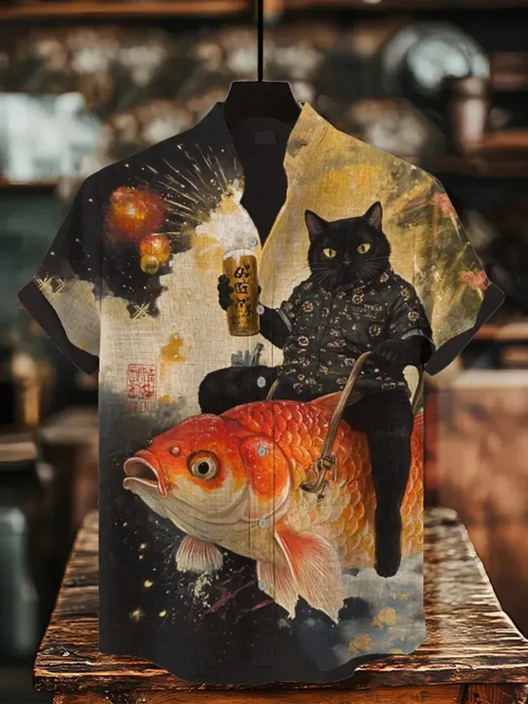Men's Black Cat Holding Beer And Riding Goldfish Art Print Casual Shirt - Black