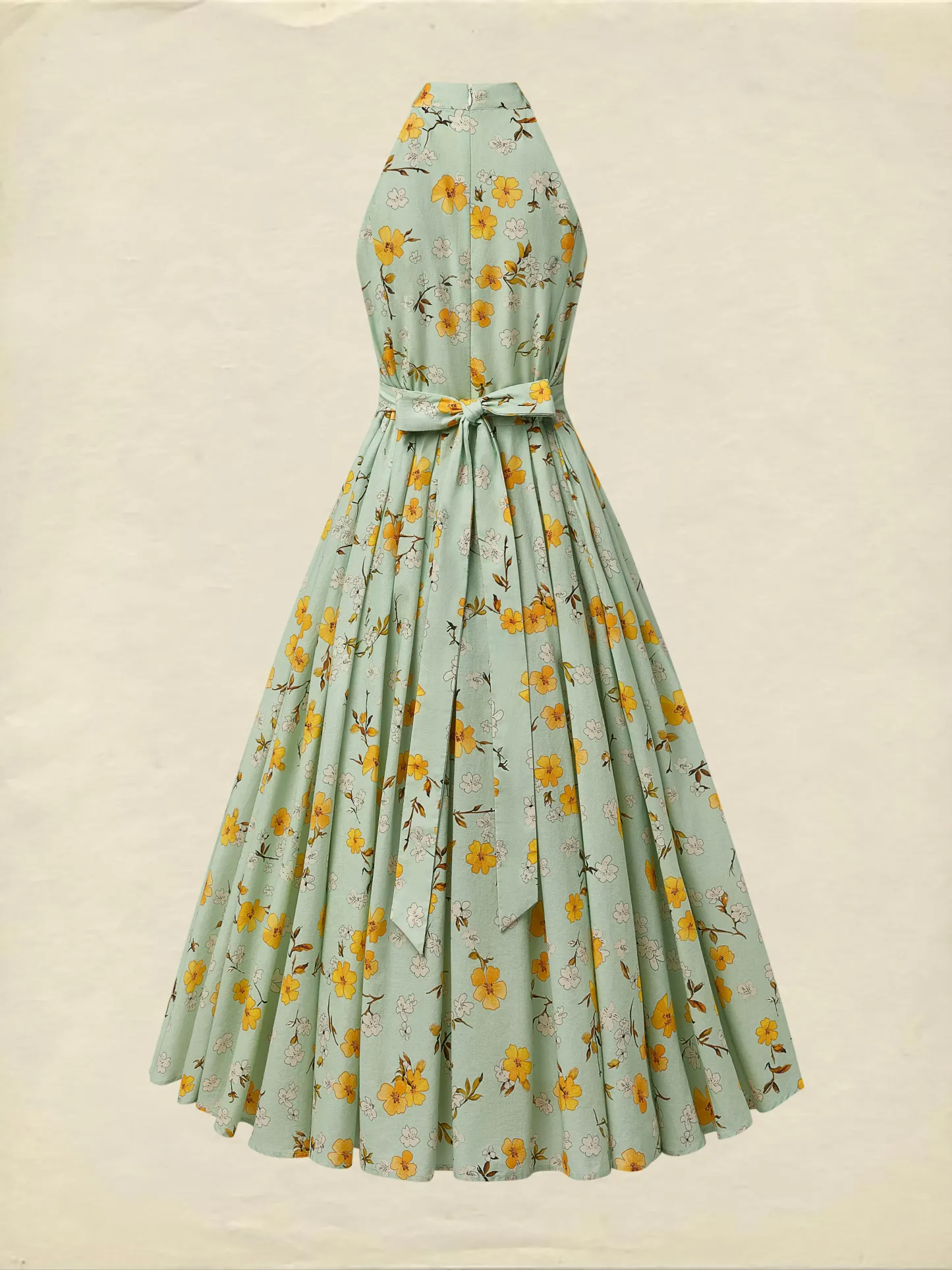 Midi Linen Dress , Sleeveless, Halter, Floral, Pocket Design, Vacation, Vintage, Green - Aqua
