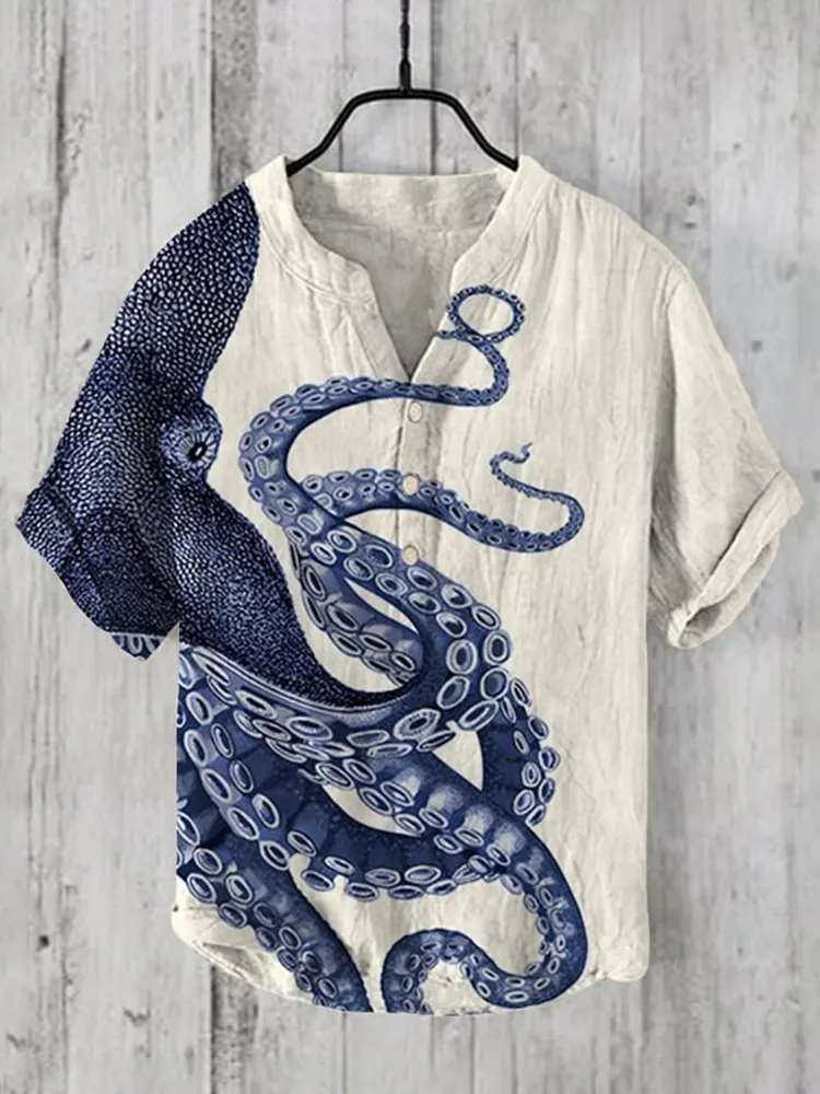 Japanese Art Octopus Graphic Printed Short Sleeve Shirt - Beige