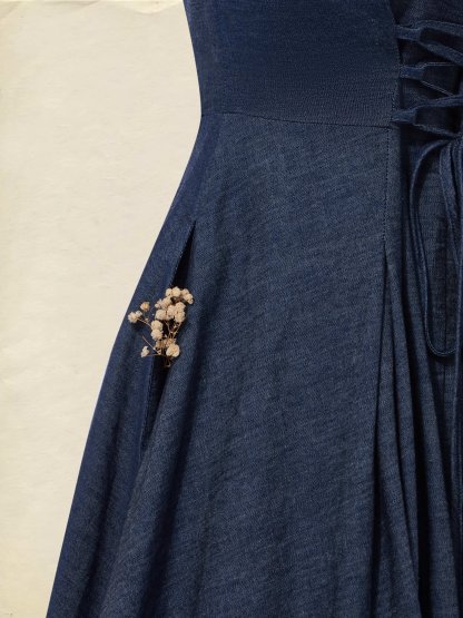 Maxi Linen Denim Dress, Short Sleeves, Sweetheart Neckline, Plain, Lace, Vintage, Blue - Blue