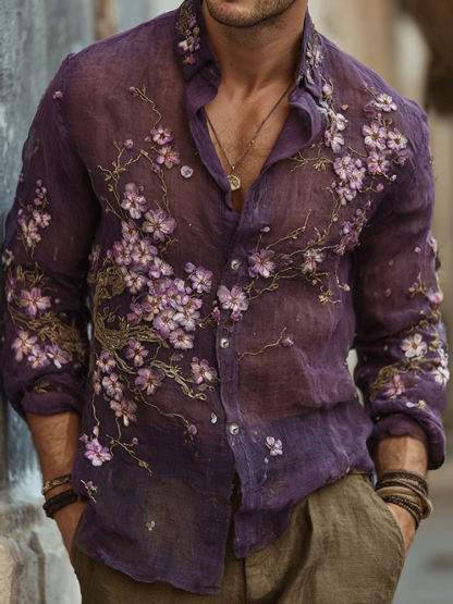 Men's Vintage Japanese Sakura Embroidered Art Lapel Long Sleeve Linen Shirt - Grey