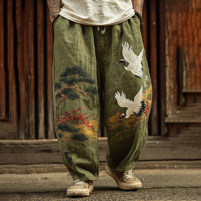 Men's Vintage Japanese Pine Crane Art Embroidery Art Linen Blended Casual Pants - Green