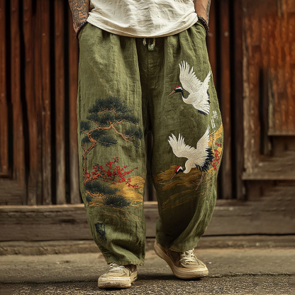 Men's Vintage Japanese Pine Crane Art Embroidery Art Linen Blended Casual Pants - Green