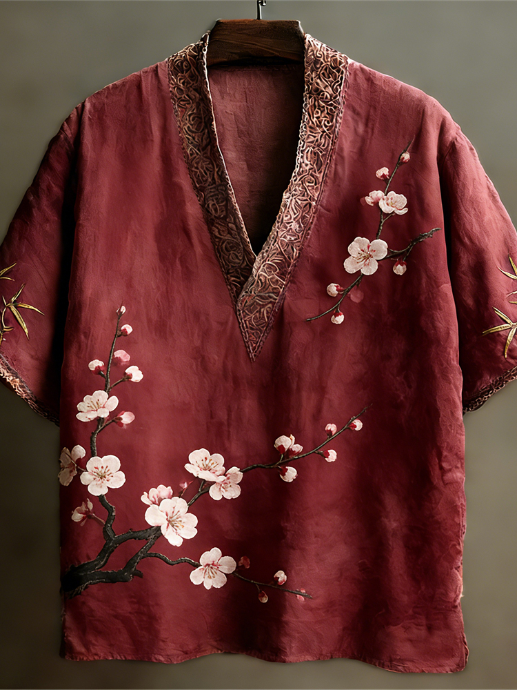 Japanese Plum Pattern Linen Short Sleeve V-neck Shirt - Red