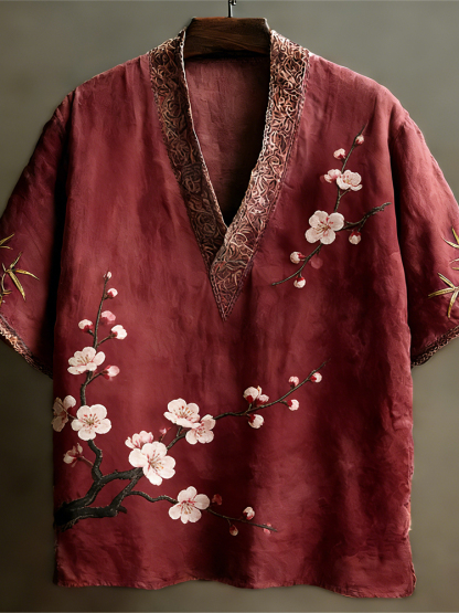 Japanese Plum Pattern Linen Short Sleeve V-neck Shirt - Red