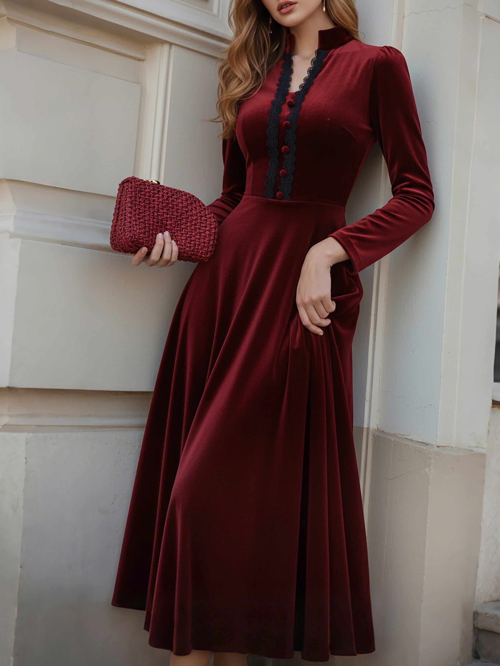Midi Cotton Dress, Long Sleeves, Stand Collar, Plain, Lace, French Vintage, Wine Red - Wine Red