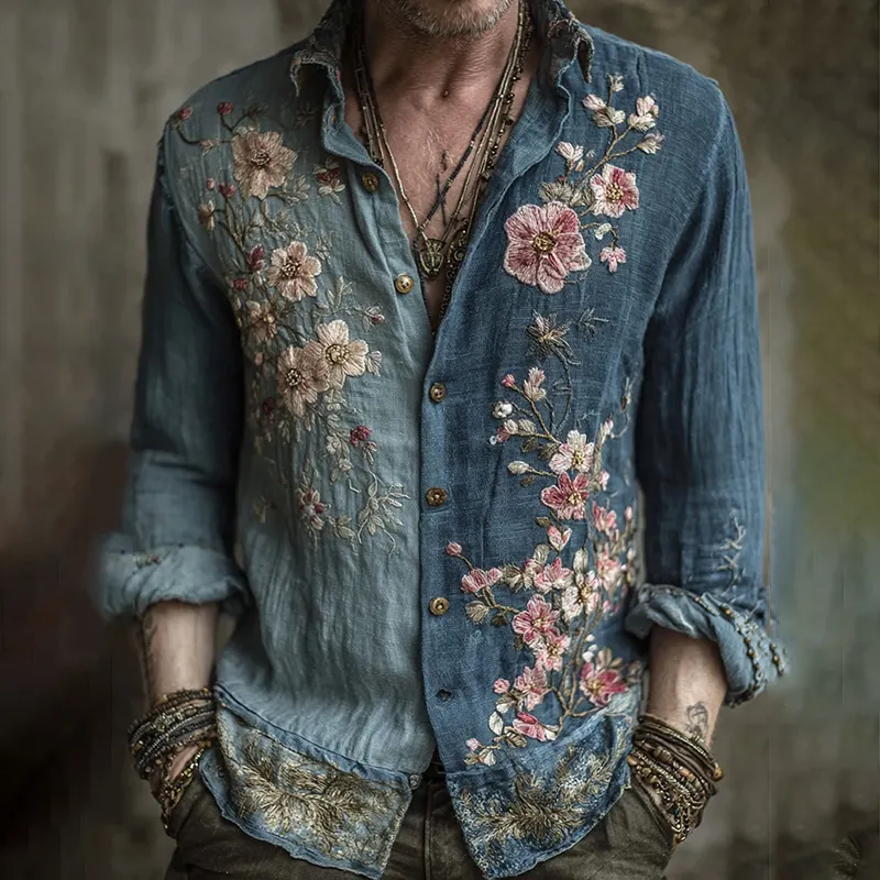 Men's Vintage Japanese Sakura Embroidered Art Long Sleeve Linen Shirt - Blue