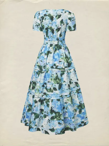 Maxi Cotton Dress, Short Sleeves, V Neck, Floral, Vintage, Blue - Blue