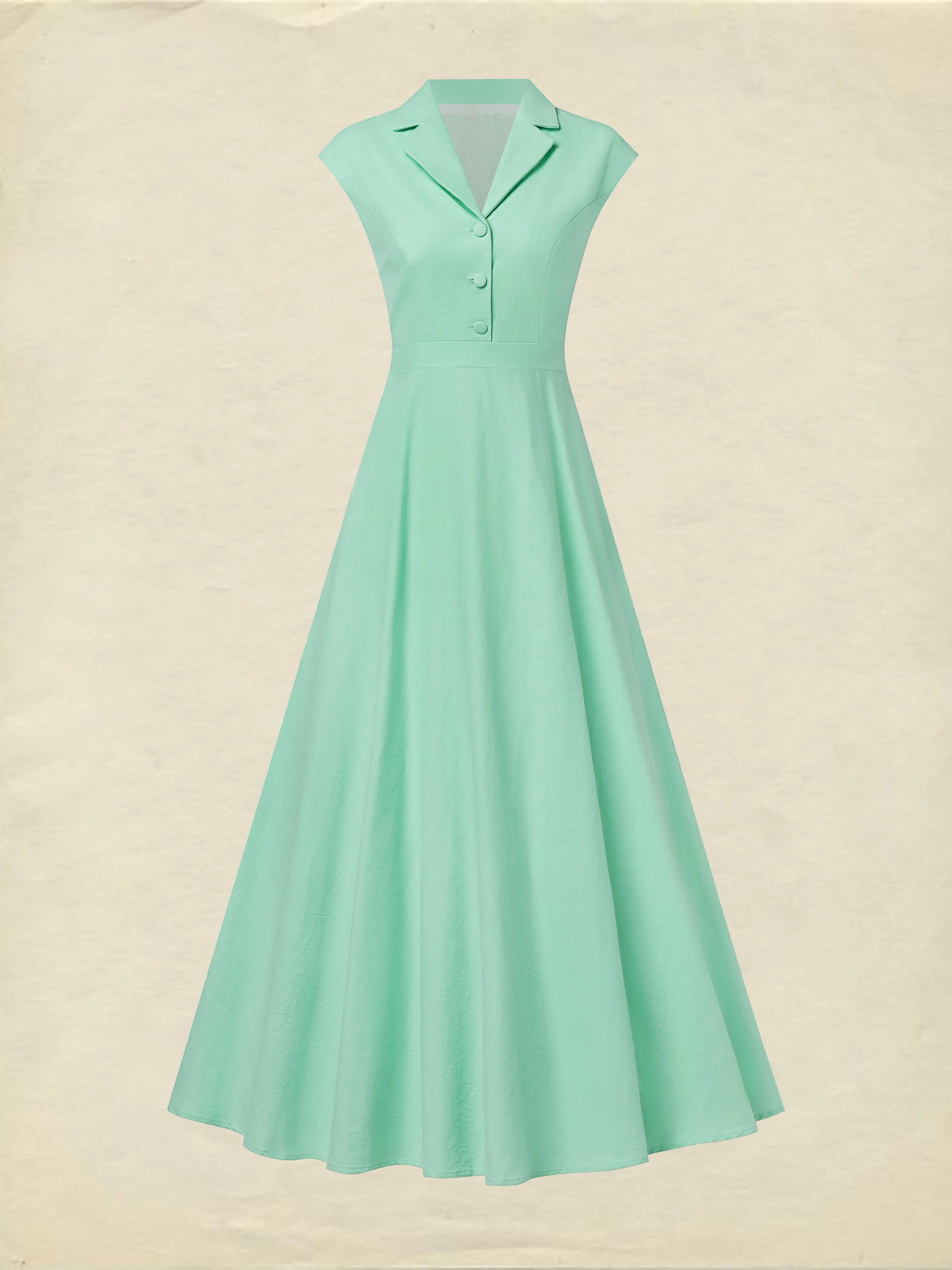 Maxi Cotton Dress , Cap Sleeves, Shawl Collar, Plain, Button Design, Vintage,  Light Green - Lightgreen