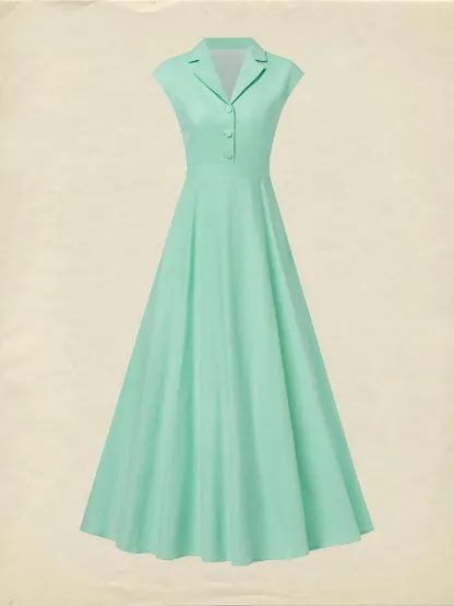 Maxi Cotton Dress , Cap Sleeves, Shawl Collar, Plain, Button Design, Vintage,  Light Green - Lightgreen