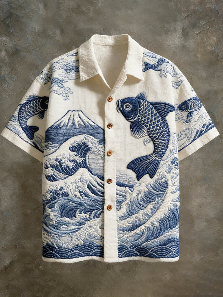 Men's Japanese Koi And Ocean Pattern Linen Short-sleeve Shirt - Blue white