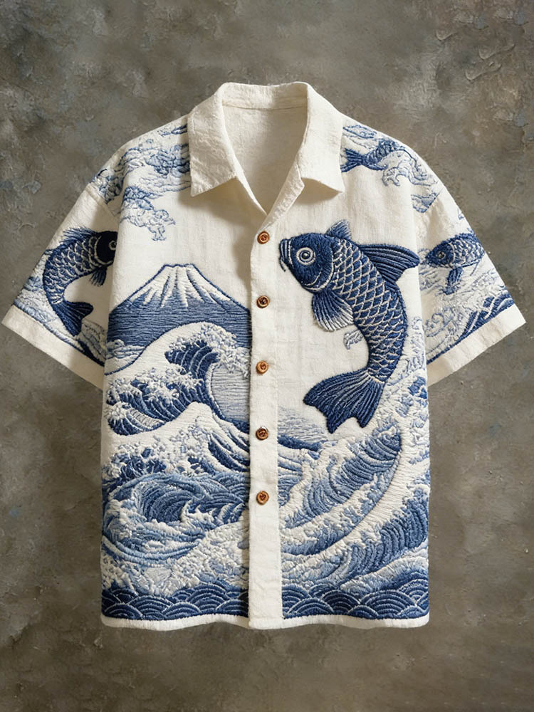 Men's Japanese Koi And Ocean Pattern Linen Short-sleeve Shirt - Blue white