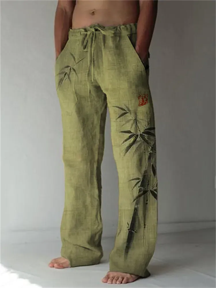 Simple Bamboo Japanese Art Linen Blend Casual Pants - Blue
