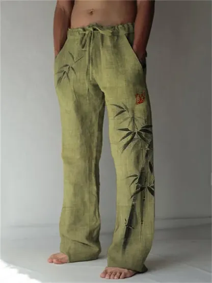 Simple Bamboo Japanese Art Linen Blend Casual Pants - Blue