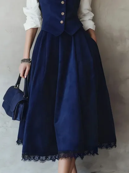 Midi Cotton Skirt (Shirt and Vest Not Included), Plain, Pocket Design, Vintage, Green - Green