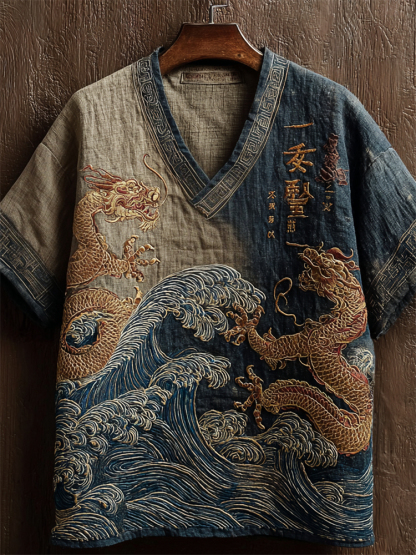 Japanese Dragons & Sea Waves Embroidered Contrast Gradient Linen Shirt - Navy blue