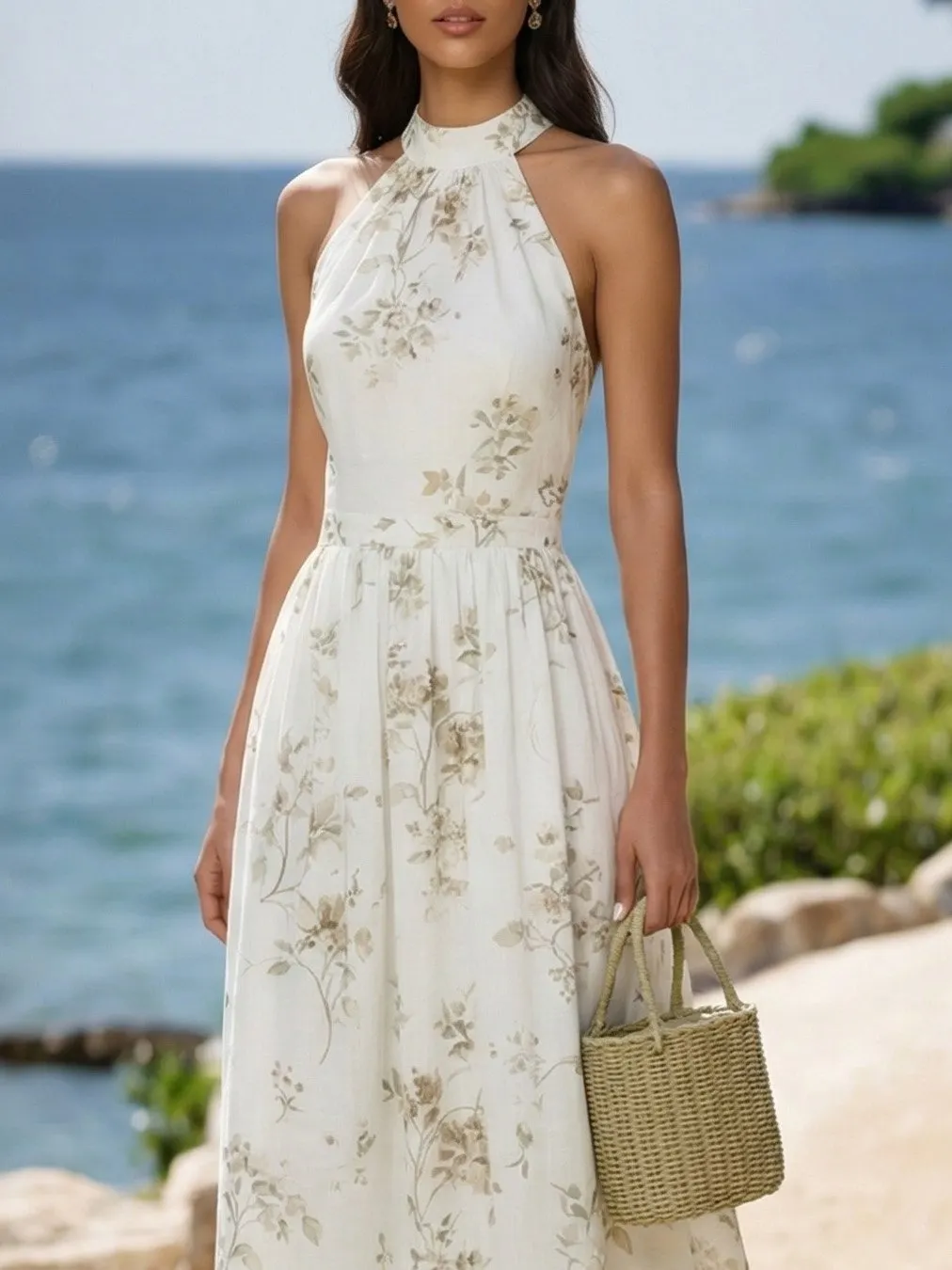 Maxi Cotton Dress, Sleeveless, Round Neck, Floral, Vacation, Vintage, White - White