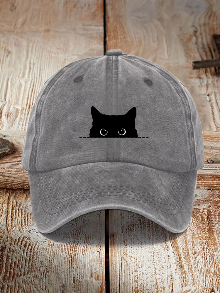 Japanese Art Black Cat Print Washed Hat - grey