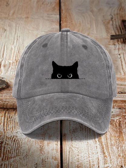 Japanese Art Black Cat Print Washed Hat - grey