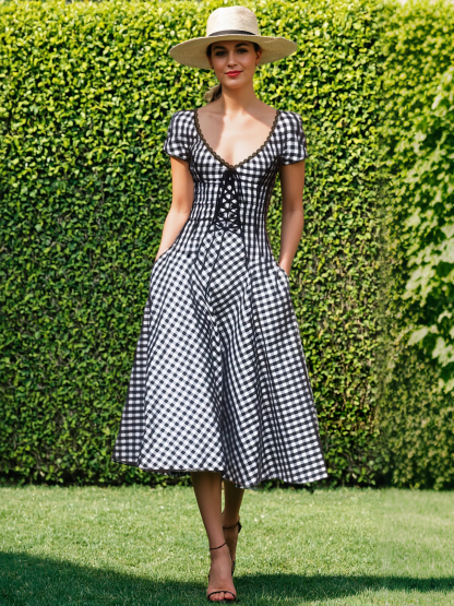 Cotton Midi Dress, Short Sleeve, Lace Collar, Plaid, Vintage, White - White