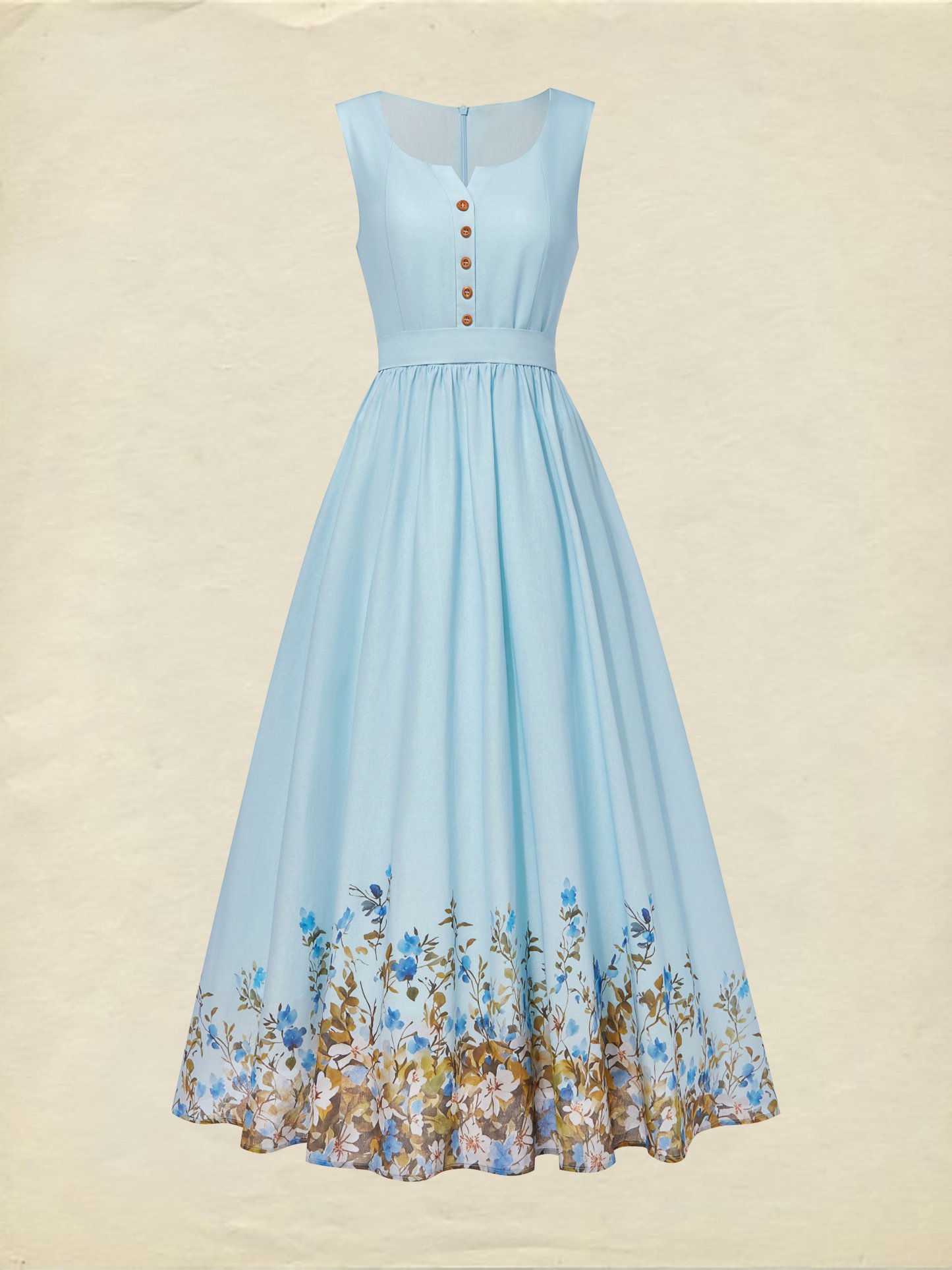 Maxi Linen Dress , Sleeveless, Round Neck, Floral, Button Design, French Vintage, Sky Blue - Sky Blue