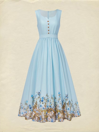 Maxi Linen Dress , Sleeveless, Round Neck, Floral, Button Design, French Vintage, Sky Blue - Sky Blue