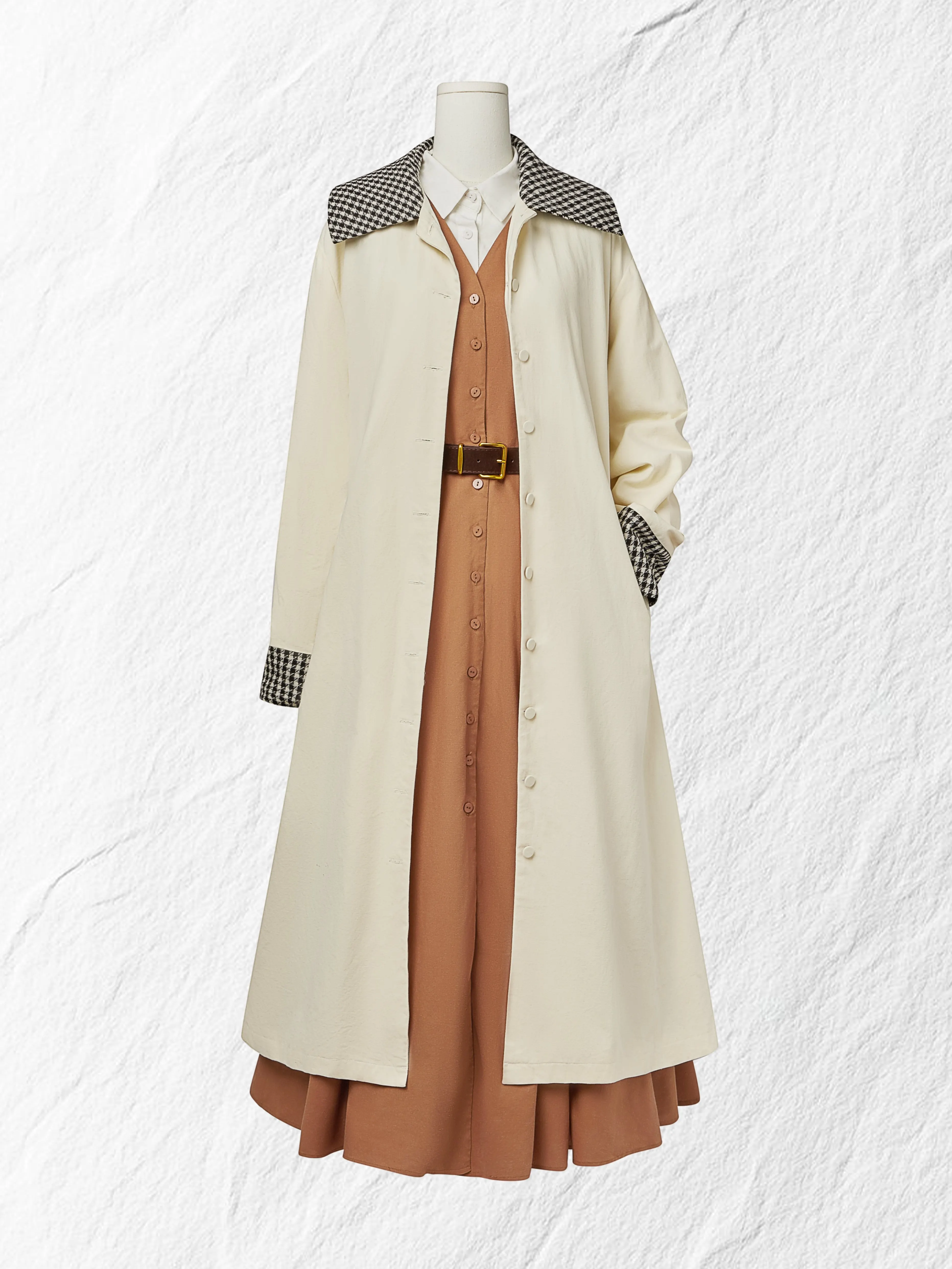 Maxi Linen Dress Set & Shirt, Long Sleeves, Shawl Collar, Plain, Button Design, French Vintage, Light Brown - Light Brown