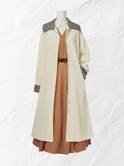Maxi Linen Dress Set & Shirt, Long Sleeves, Shawl Collar, Plain, Button Design, French Vintage, Light Brown - Light Brown