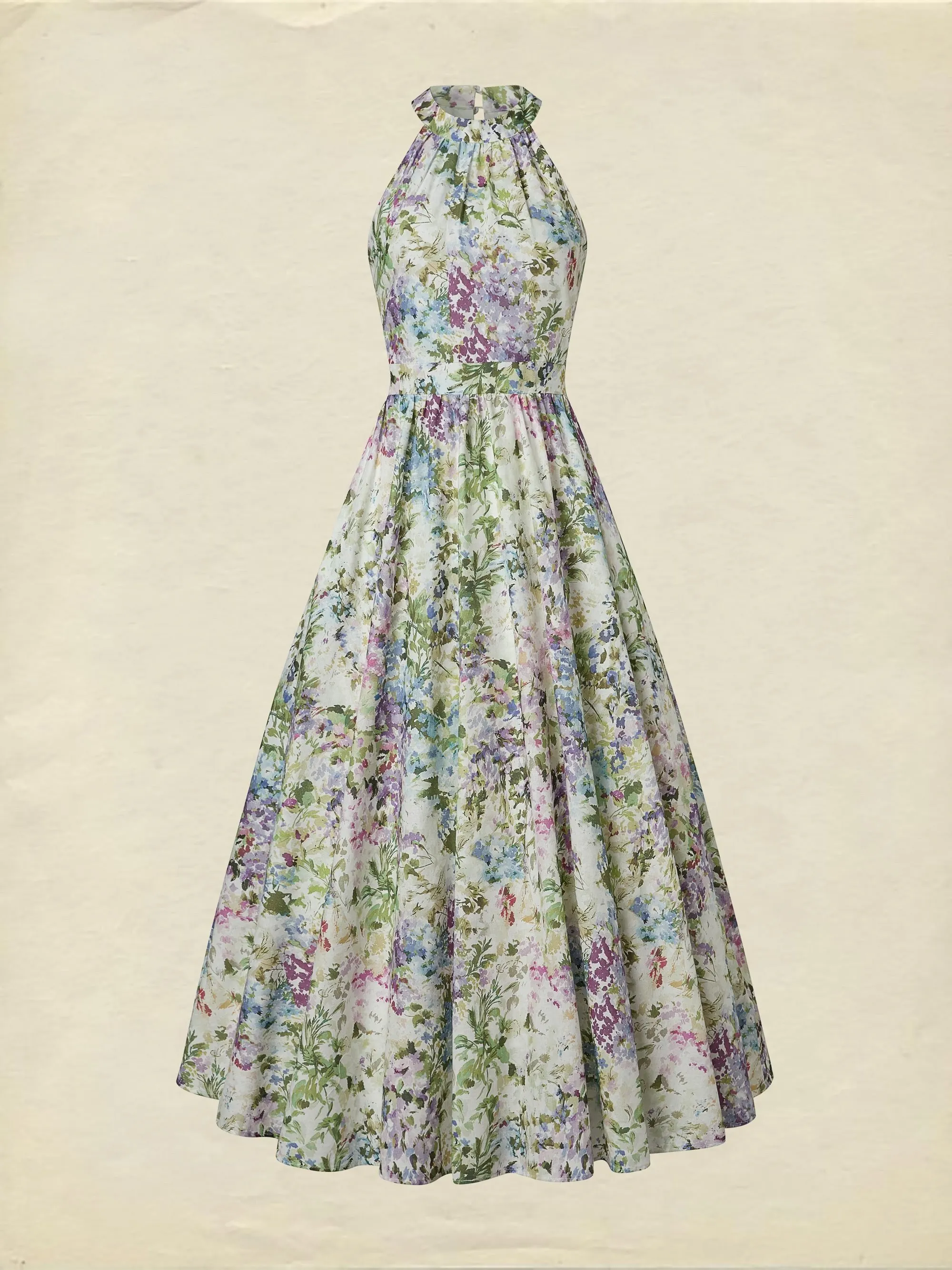 Maxi Cotton Dress, Sleeveless, Halter, Floral, Vacation, Vintage, White - White