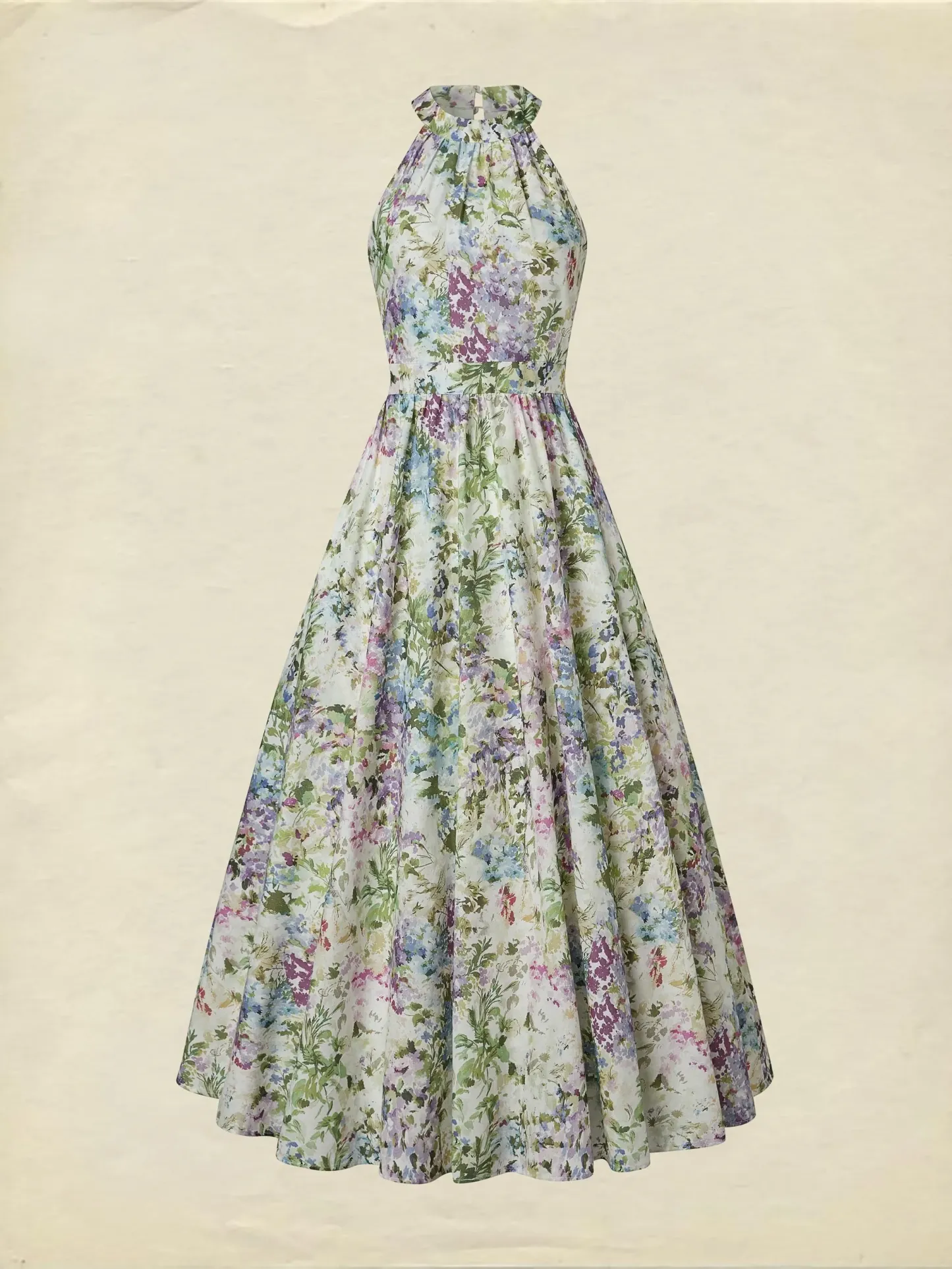 Maxi Cotton Dress, Sleeveless, Halter, Floral, Vacation, Vintage, White - White
