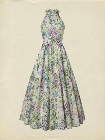 Maxi Cotton Dress, Sleeveless, Halter, Floral, Vacation, Vintage, White - White