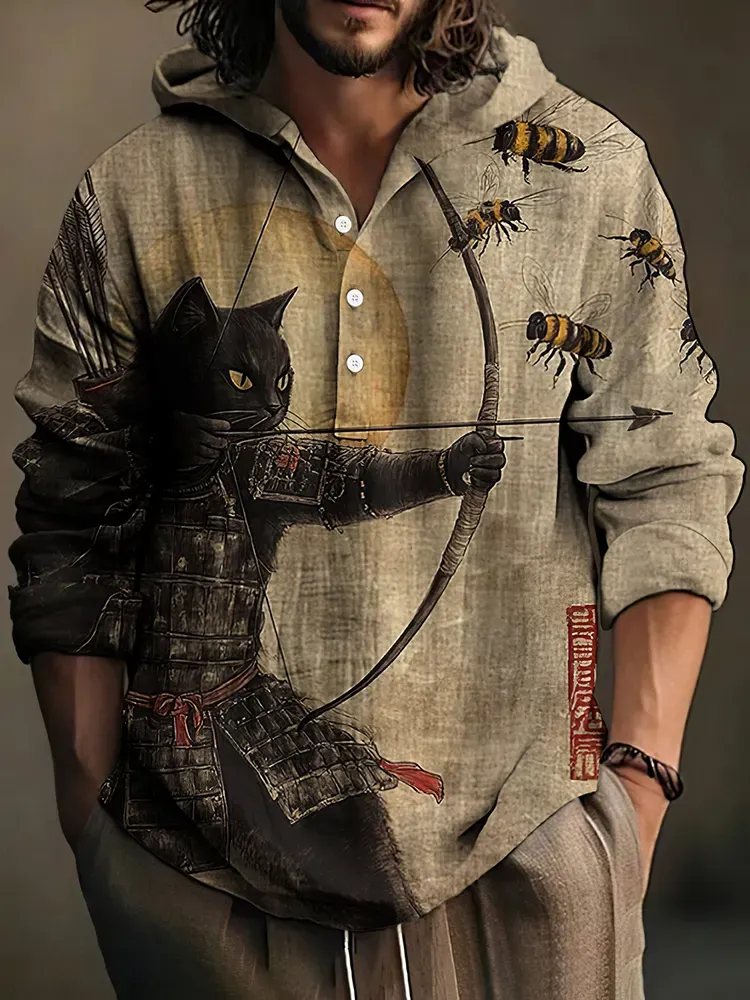 Men's Black Cat Tribal Warrior Japanese Kyudo Hooded Shirt - Khaki