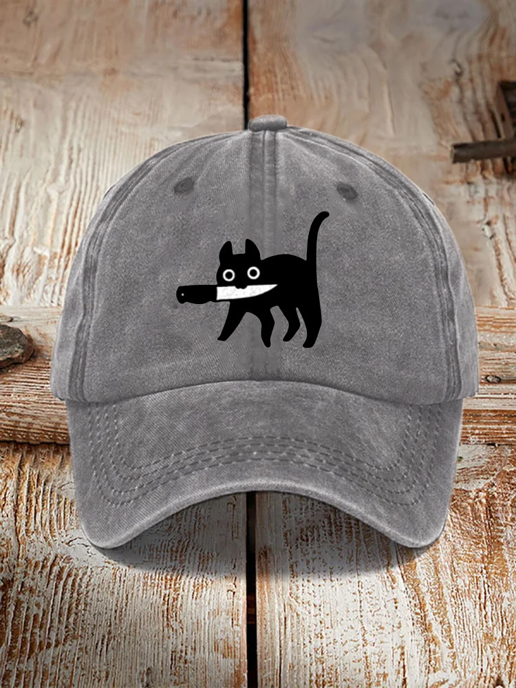 Funny Black Cat Print Washed Hat - grey