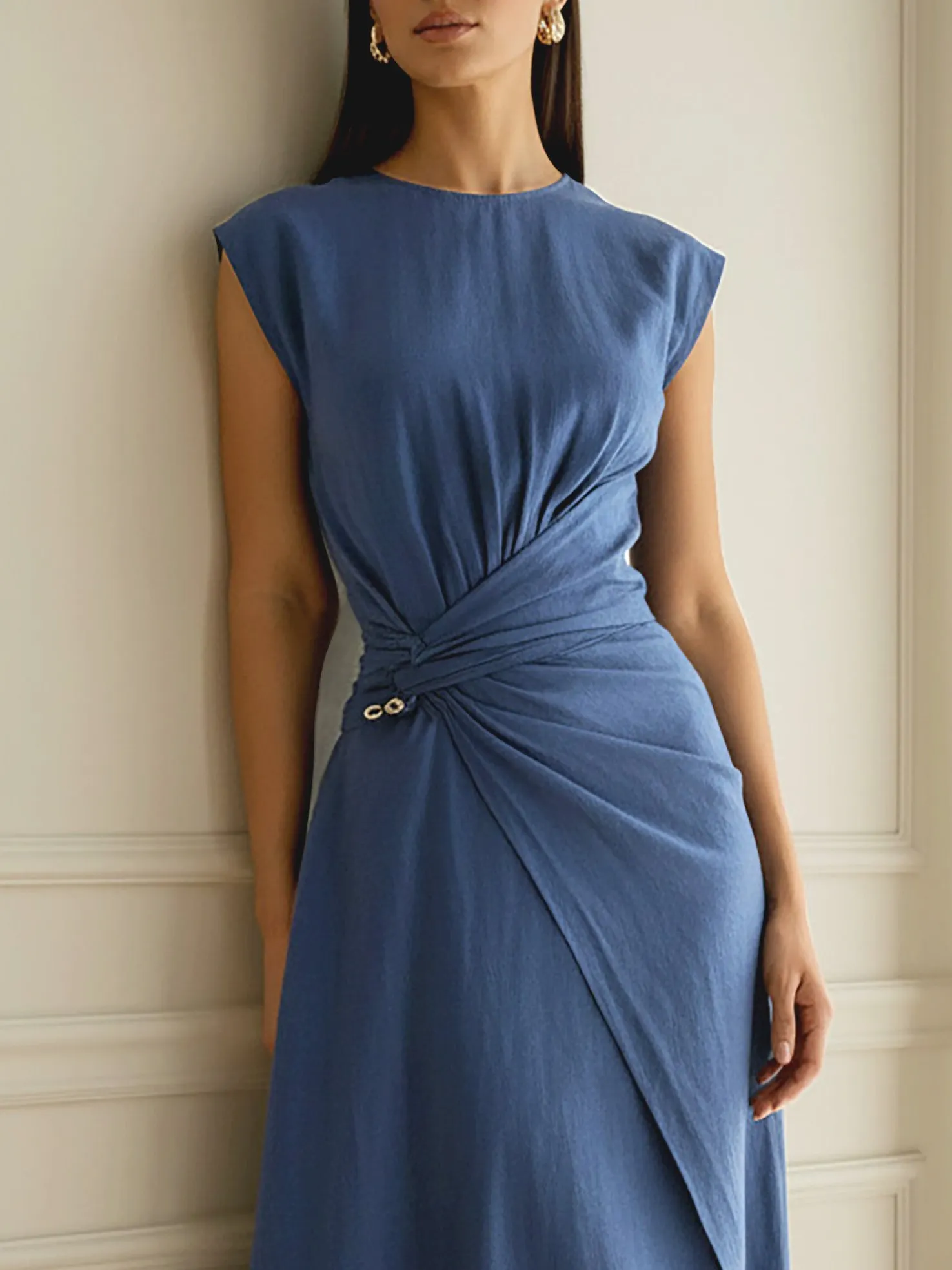 Midi Linen Dress, Cap Sleeves, Round Neck, Plain, French Vintage, Deep Blue - Deep Blue