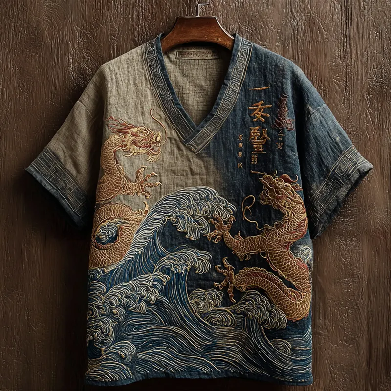Japanese Dragons & Sea Waves Embroidered Contrast Gradient Linen Shirt - Navy blue