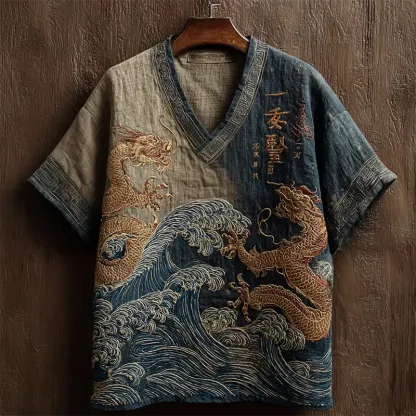 Japanese Dragons & Sea Waves Embroidered Contrast Gradient Linen Shirt - Navy blue