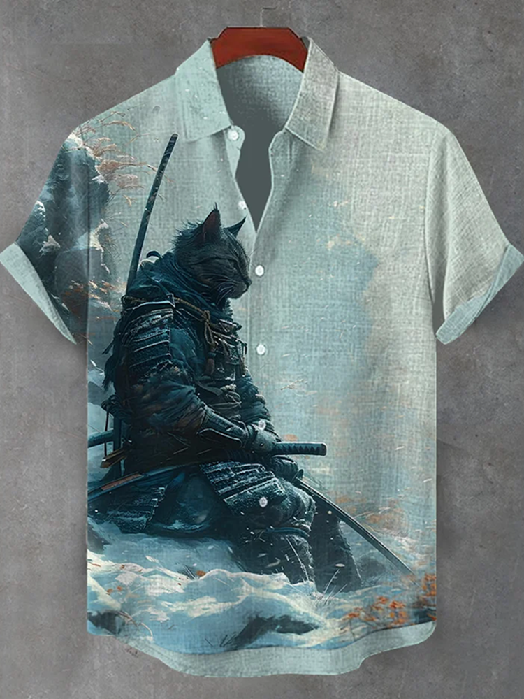 Men's Japanese Cat Samurai Art Casual Short Sleeve Shirts - Blue