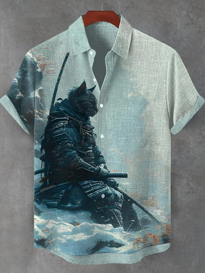 Men's Japanese Cat Samurai Art Casual Short Sleeve Shirts - Blue