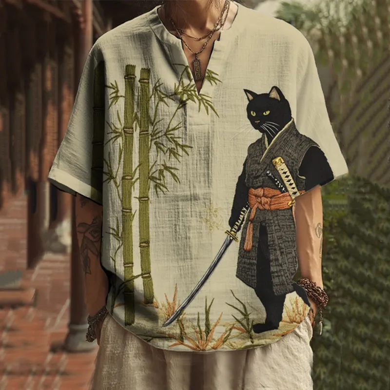 Men's Japanese Black Cat Swordsman Bamboo Embroidery Print Casual V Neck Shirt - Beige