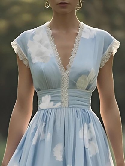 (SIZE:XS-XXL)Linen Maxi Dress, Sleeveless, V neck, Floral, Vintage, Light Blue - Light Blue